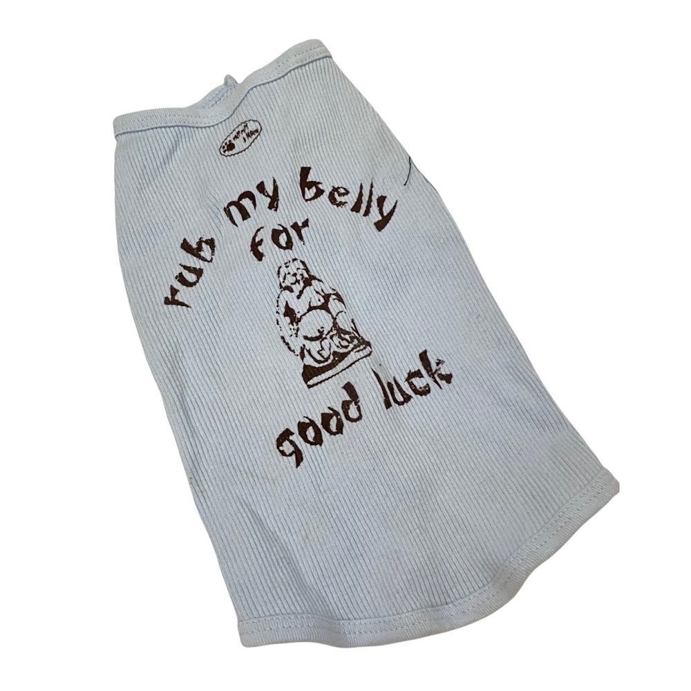 NWOT Ruff Ruff and Meow Ribbed Sky Blue Tee Dog Buddha Rub my Belly Sz Med. B32